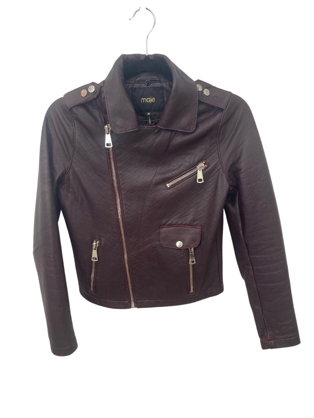 Maje Burgundy Leather Moto Biker Jacket Size 36 Small Bordeaux Zip